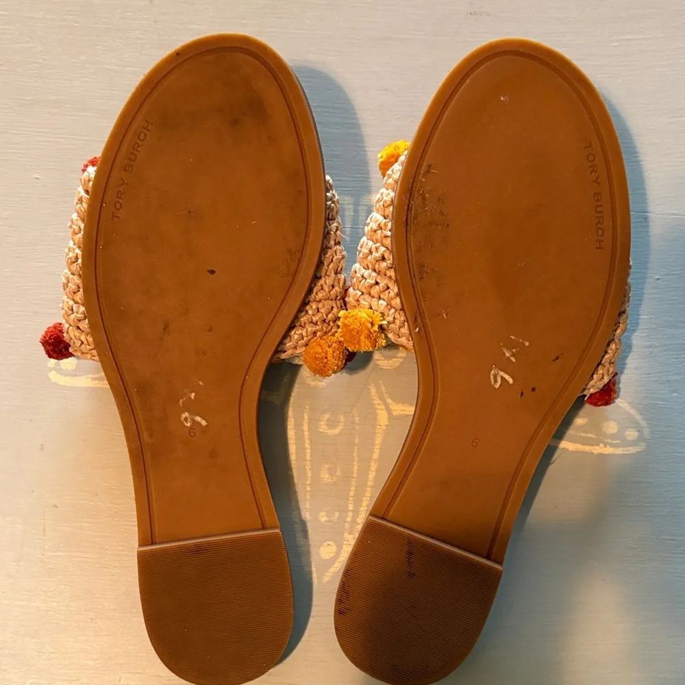 Tory Burch Tan Pom Pom Slides - Picture 2 of 6